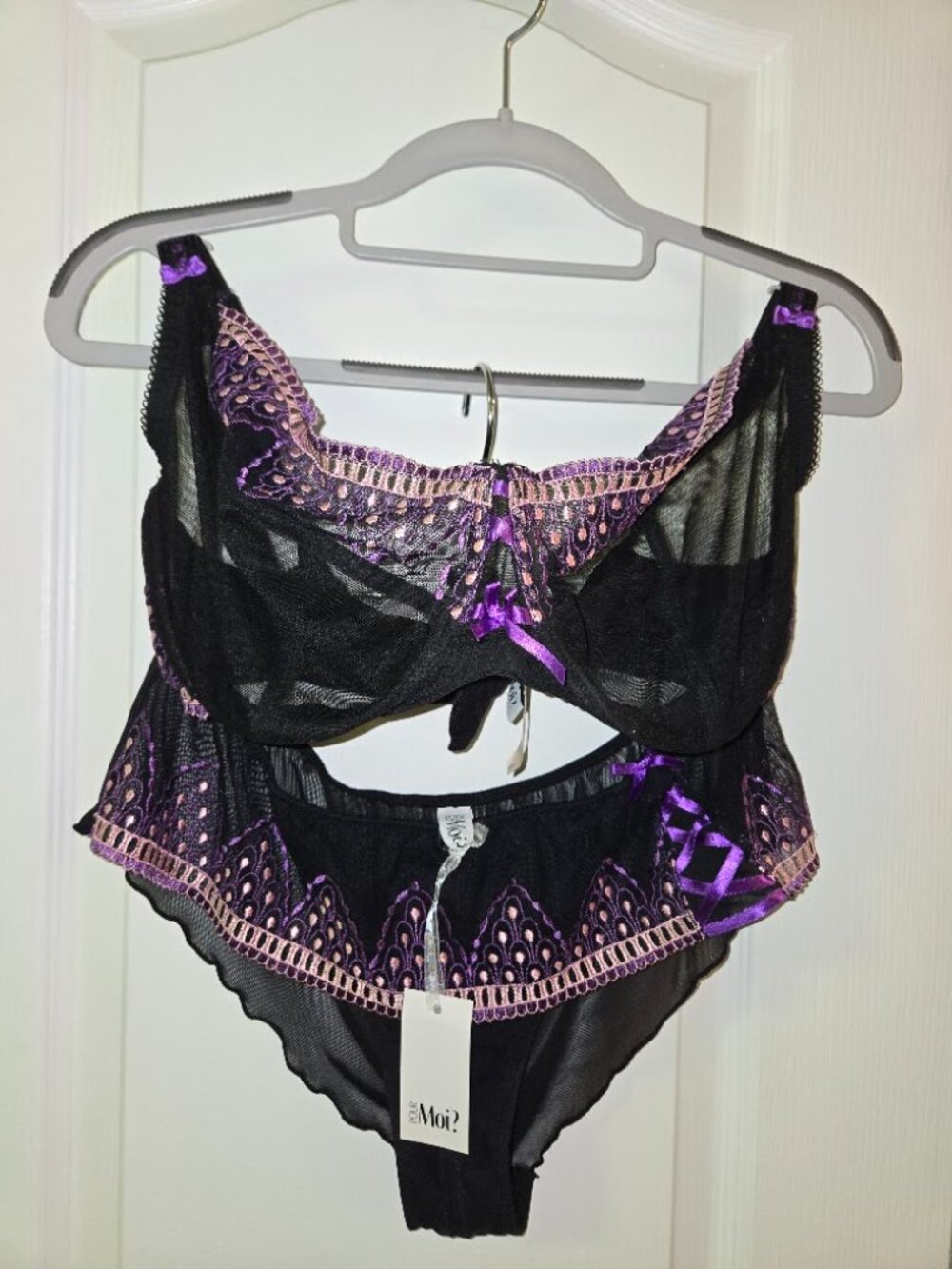 NWT Pour Moi? Lace Bra & Brief Set UK 34G US 34I Brief US 12 Black Purple - Picture 1 of 6